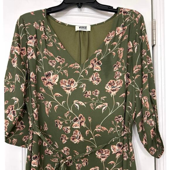 Verse Olive Green & Pink Floral Tie Wait 3/4 Sleeve V Neck Made in USA Med - Picture 4 of 10
